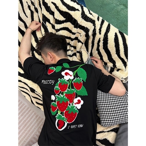 网图有货 夏季美式高街草莓刺绣情侣短袖纯棉宽松t恤男女A463-P38图片