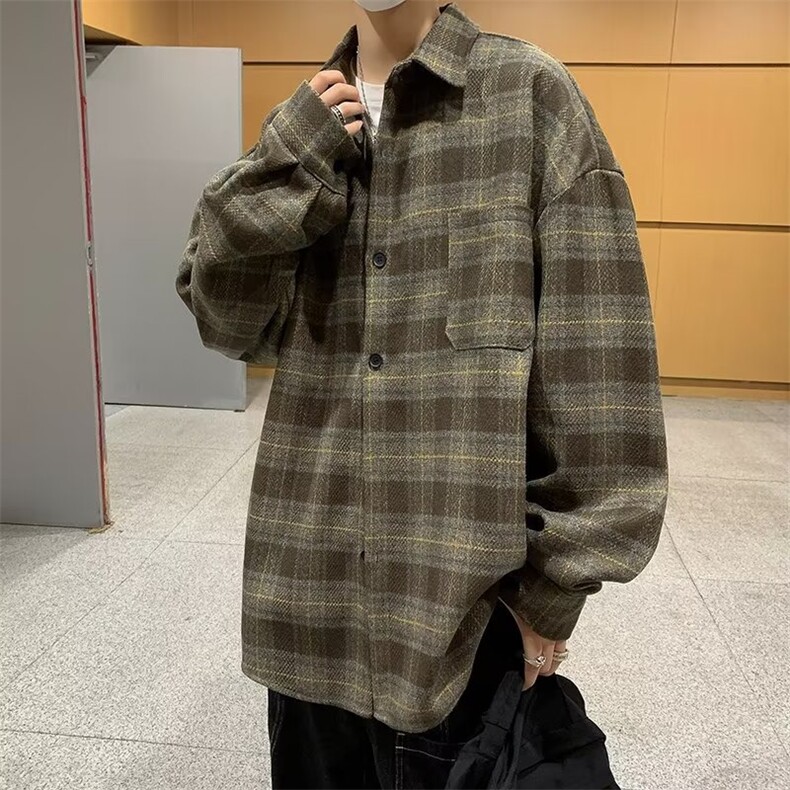 日系复古格子衬衫男春秋休闲外套长袖衬衣宽松潮牌上衣C1161-p65,男装衬衫,星座1008