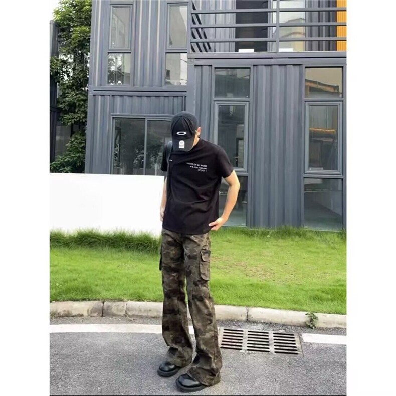 美式高阶男春秋高街直筒长裤弯刀ins迷彩微喇叭裤KZ18N7019-TP55,男装牛仔裤,电商A247C