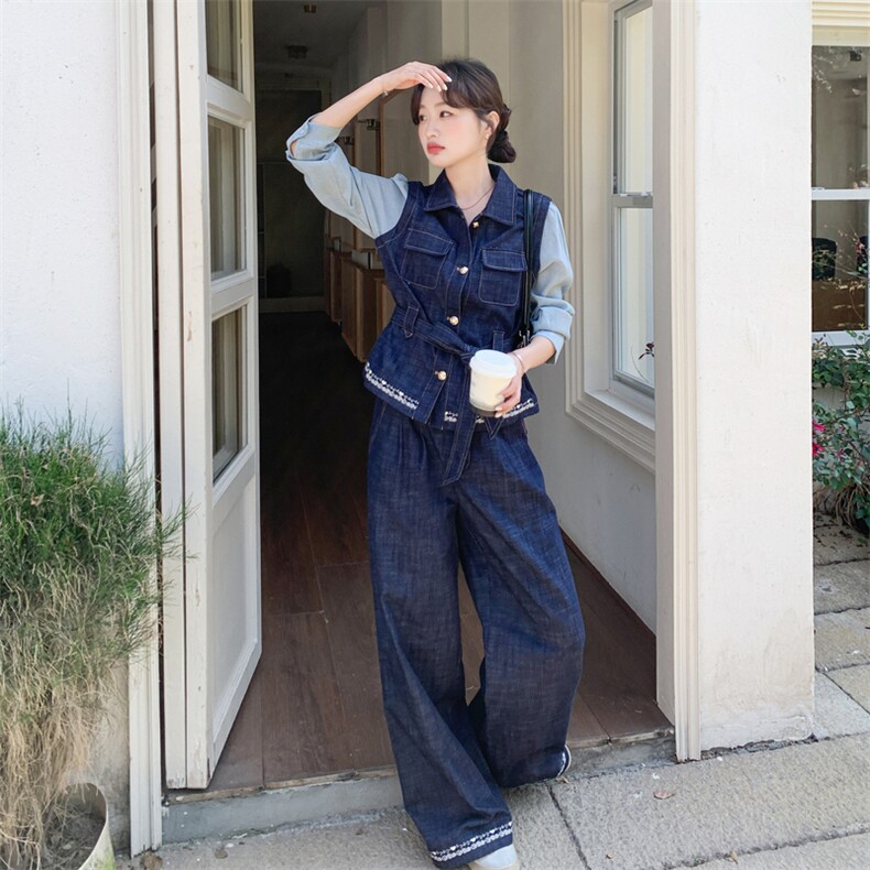 新品621-P195-K318牛仔套装上衣假2件套,女装套装/套裙,2C275