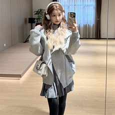 抖音得物品质26春装美式重磅结构斜拉链高领连帽卫衣开衫外套W61，女装短外套，电商A486