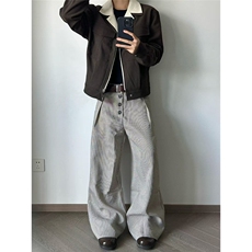 千鸟格复合打褶排扣a字阔腿西裤老钱风cleanfit通勤百搭，男装西裤，星座506A