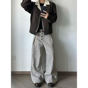千鸟格复合打褶排扣a字阔腿西裤老钱风cleanfit通勤百搭图片