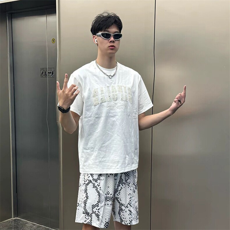 万针全刺绣工艺抖音得物高品质260克重磅纯棉双纱美式高街短袖T恤,男装T恤,电商A486-1