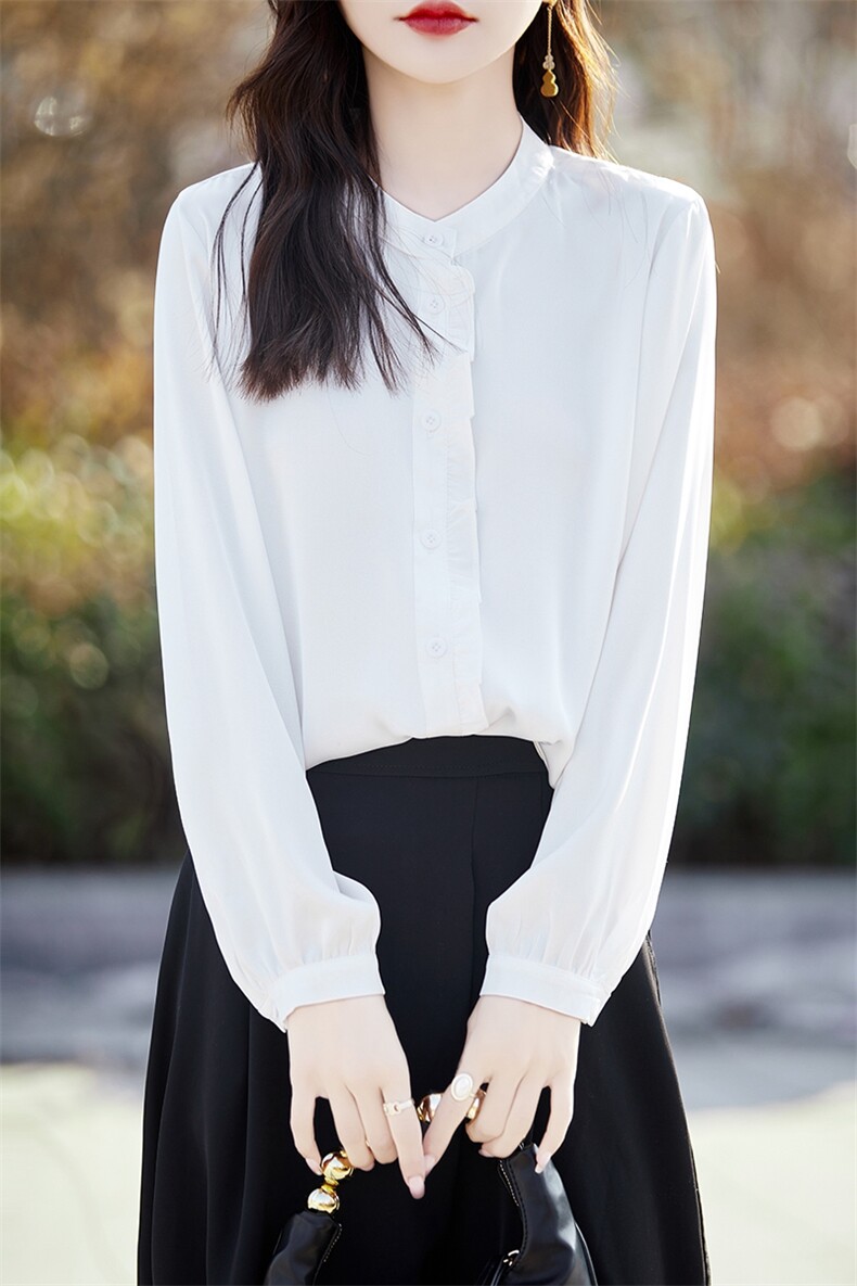 2025春季木耳边圆领衬衫女长袖缎面醋酸仿真丝长袖短款衬衣开衫女,女装衬衫,臻维羊绒