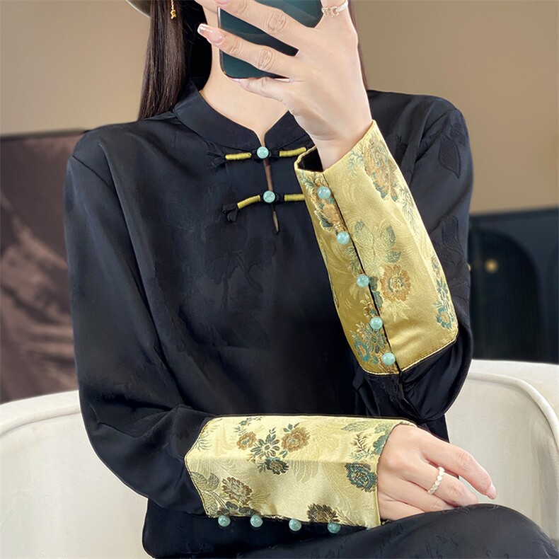 衬衫女长袖立领盘扣民族风上衣2024年秋季,女装衬衫,绒宛羊绒