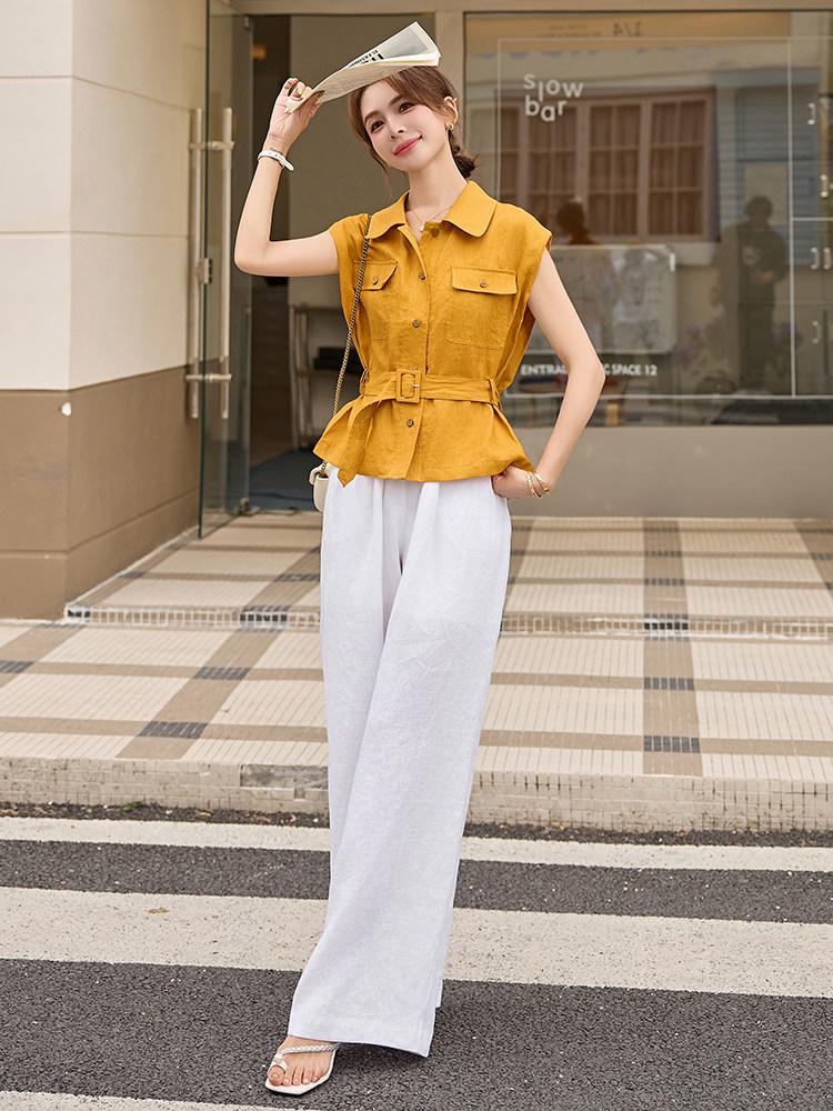 时尚通勤职场棉麻套装女2025年夏系带衬衫上衣+显瘦阔腿裤两件套,女装套装/套裙,艾仟回(原伊仟回)
