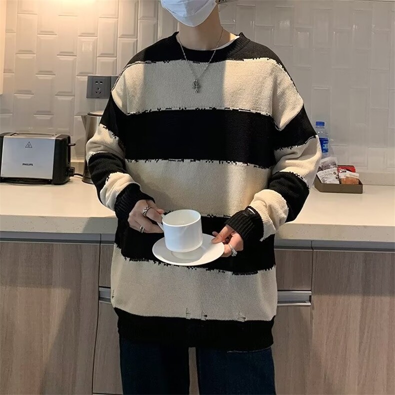 条纹毛衣男冬季潮牌高级感外套2023秋季复古日系针织衫GM85P36,男装针织衫/毛衣,星座1116-2