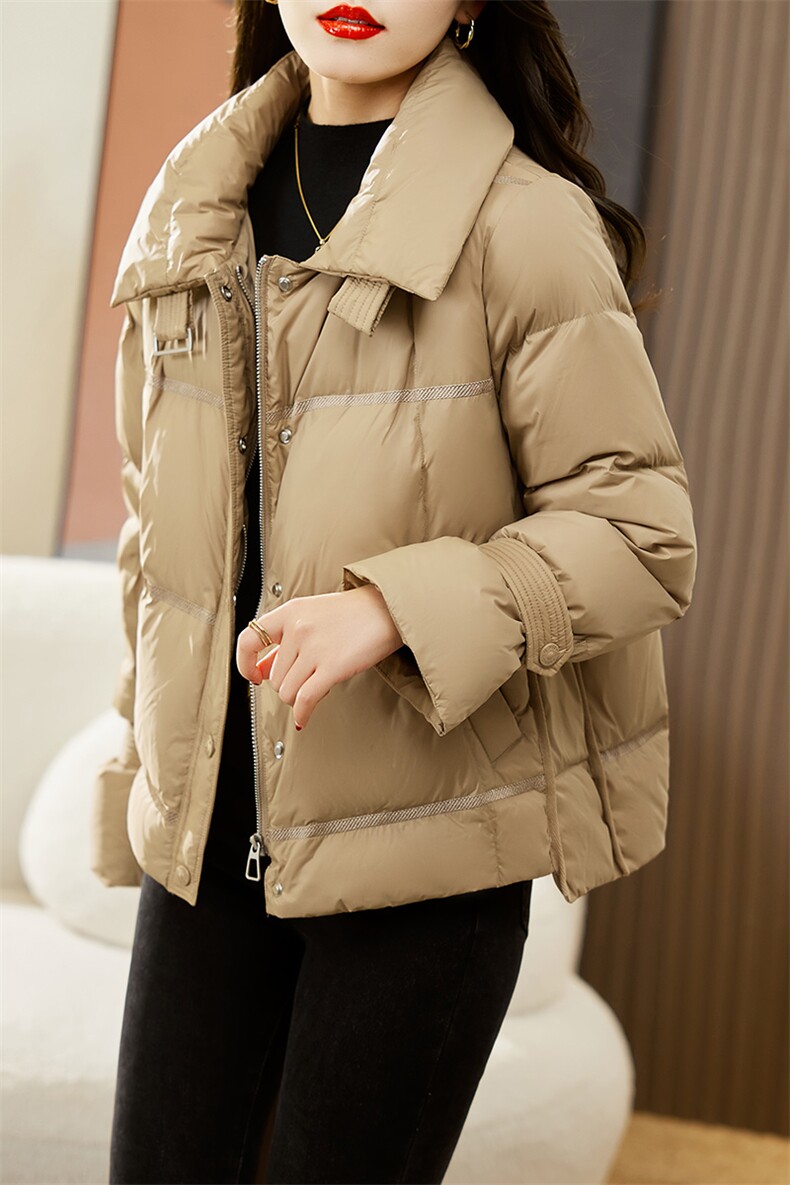 海贝设计感机车风立领短款羽绒服外套女小个子仿羊羔毛冬季短外套,女装羽绒服,辉之琳