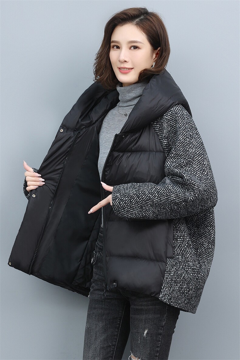 2024羊毛毛呢拼接棉衣棉服加厚保暖外套宽松女装冬装,女装棉衣/棉服,涵誉