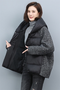2024羊毛毛呢拼接棉衣棉服加厚保暖外套宽松女装冬装图片