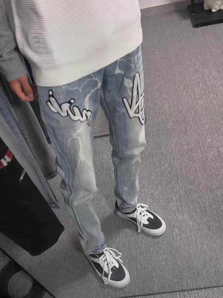 秋冬季新款牛仔裤男士修身直筒裤百搭设计感高端贴布宽松弹力长裤,男装牛仔裤,四季星座505