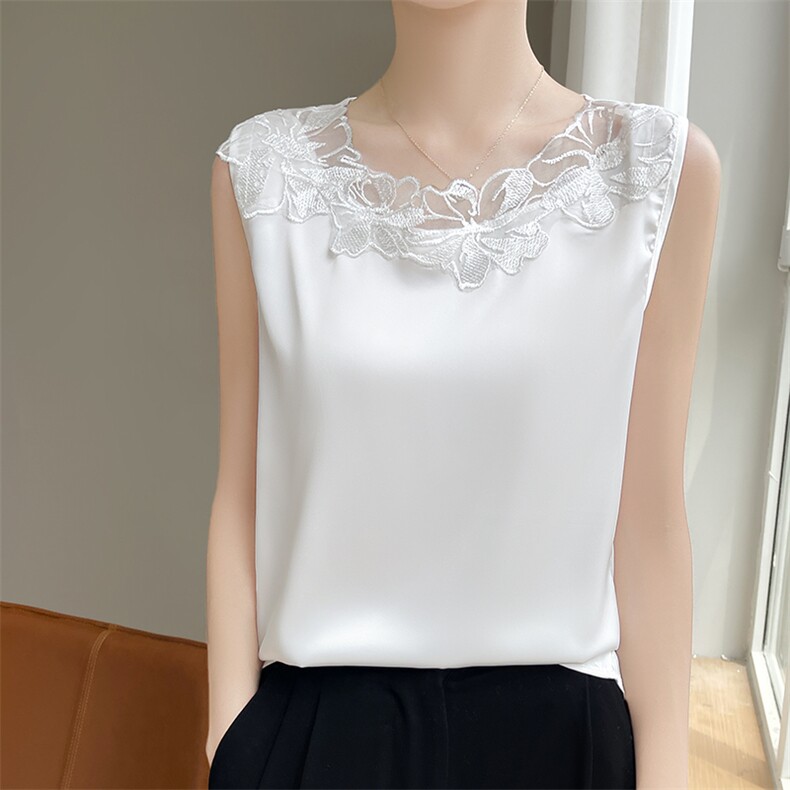 优雅蕾丝拼接无袖吊带气质百搭缎面背心显瘦修身内搭上衣，女装背心吊带，尚雪电商供货