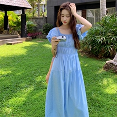蓝色方领连衣裙女夏季2025新款法式气质收腰显瘦小个子a字长裙子，女装连衣裙，2C158