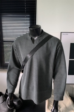 270g雪尼尔港风休闲波浪条纹V领宽松长袖T恤男T24547特P25控58，男装T恤，电商A001