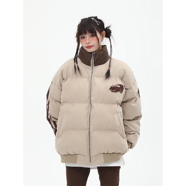 1506/QM510/P82冬季美式立领撞色棉服宽松短款休闲外套图片