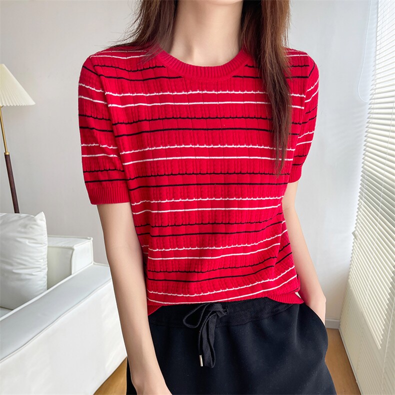 显瘦条纹减龄短袖T恤衫女纯棉通勤2025春夏新款圆领背心针织小衫,针织衫/毛衣,玛莎羊绒