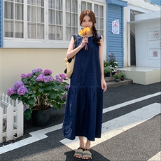韩系轻薄无袖牛仔背心裙女2025夏民族花边宽松显瘦减龄纯欲连衣裙，女装连衣裙，2C159