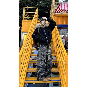 现货重磅boxy短款棉衣座山雕大毛毛领男女棉服水洗工装厚外套图片