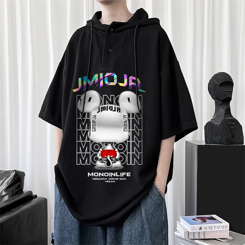 LD54214-P45连帽短袖t恤男大码胖子带帽五分袖中袖,男装T恤,电商A040