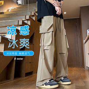 美式冰丝多口袋休闲工装裤男夏季潮牌宽松大码直筒阔腿男生裤子,干净大方女装搭配图片