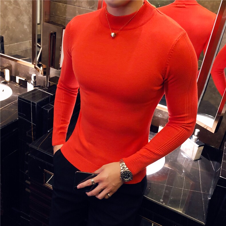 M07/p45半高领毛衣男秋冬休闲纯色修身长袖中领针织打底衫线衣,男装针织衫/毛衣,电商D303