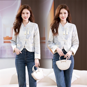 2026春装新款新中式盘扣外套短款印花修身显瘦女上衣，女装短外套，板酷