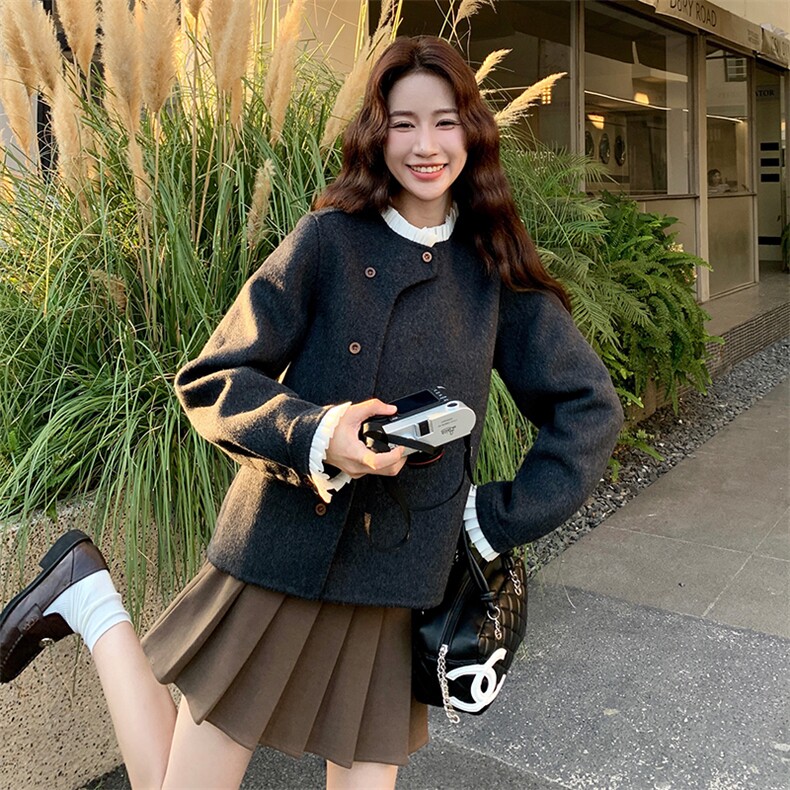 韩系极简风双面呢短外套女2025冬季新款小个子显瘦羊毛呢子外套,女装短外套,2C108