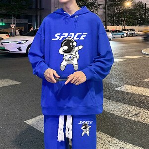 秋季新款连帽华夫格卫衣套装大码宽松情侣装XZ102A-4-HF0039-P78图片