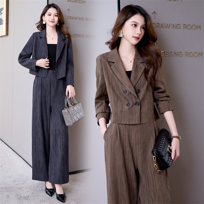 气质条纹印花西服套装女2024秋季新款休闲通勤短外套阔腿裤两件套，女装套装/套裙，时尚俏佳人