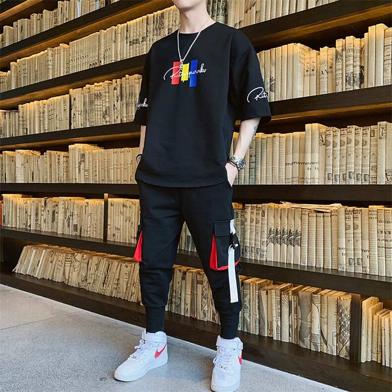 新款夏季棉质短袖t恤男潮流帅气宽松工装裤套装男上衣F17475,男装休闲套装,电商A086