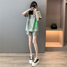 韩版休闲时尚套装女夏款个性简约圆领卡通印花上衣阔腿短裤两件套，女装套装/套裙，2C310