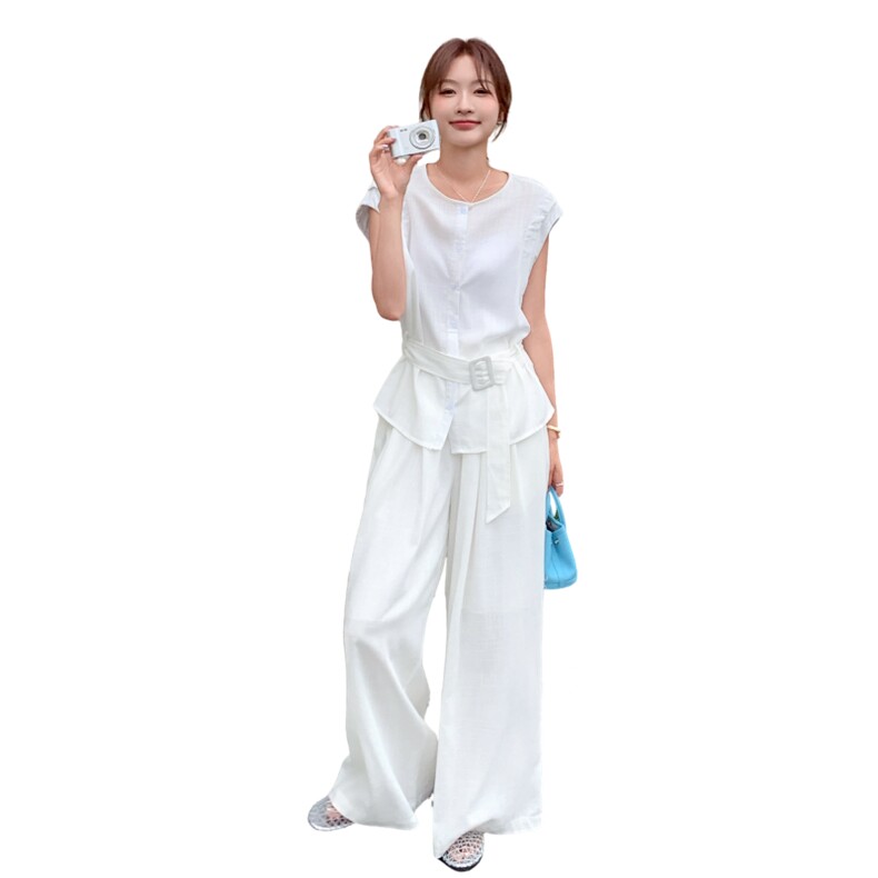 2025夏季新款韩系显瘦上衣阔腿裤两件套女高级感气质通勤时尚套装,女装套装/套裙,2C233