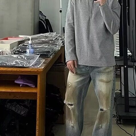 半拉链华夫格纯色长袖男氛围感上衣ins春秋慵懒风休闲卫衣情侣款,男装卫衣,星座506A