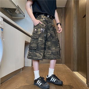 水洗迷彩工装短裤男款夏季美式高街多口袋七分裤宽松百搭阔腿中裤