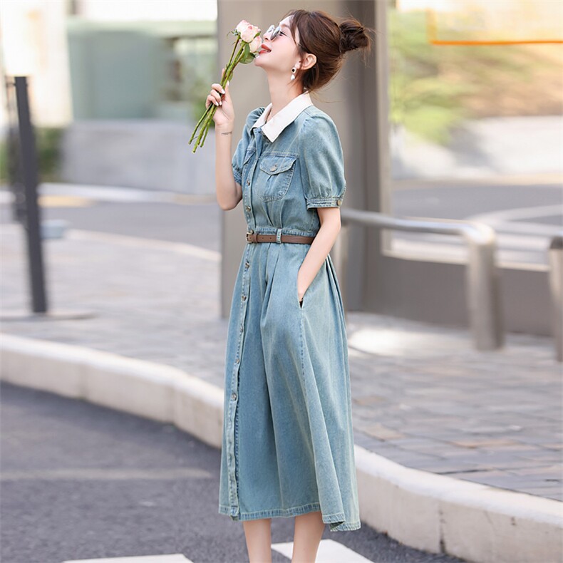 短袖牛仔连衣裙女夏薄款2025年新款腰带高级感显瘦法式衬衫裙收腰,女装连衣裙,意芙