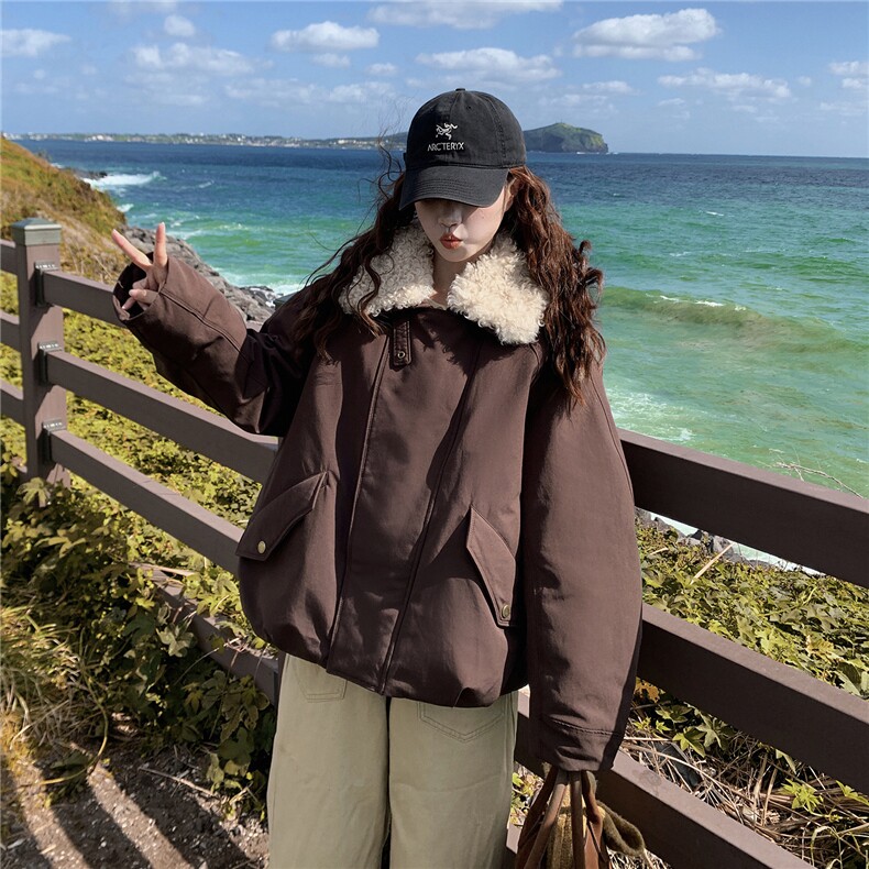 咖色韩系复古翻领羽绒服外套女冬季小个子韩系90白鸭绒加厚派克服,女装羽绒服,2C326