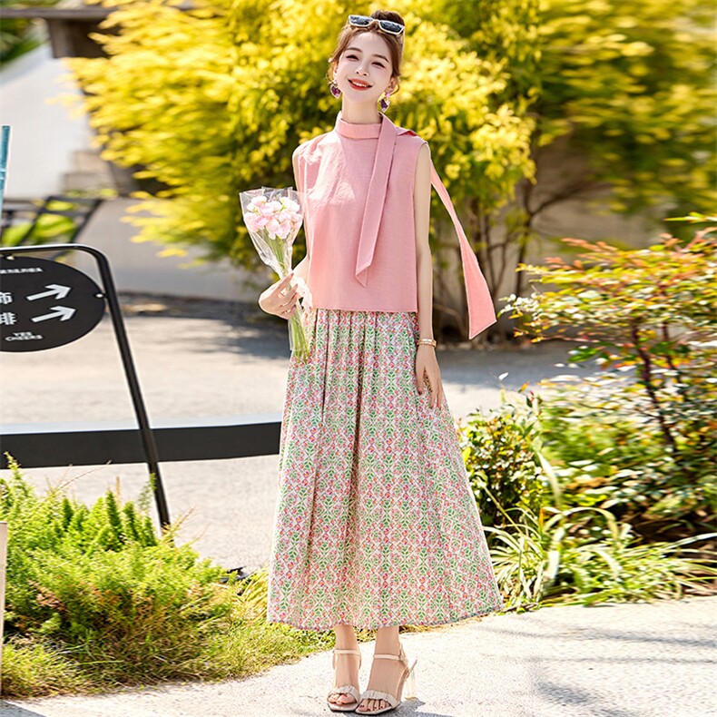 小香风套装女2025夏季新款减龄气质棉麻无袖背心碎花裙穿搭一整套,女装套装/套裙,韩宇舍