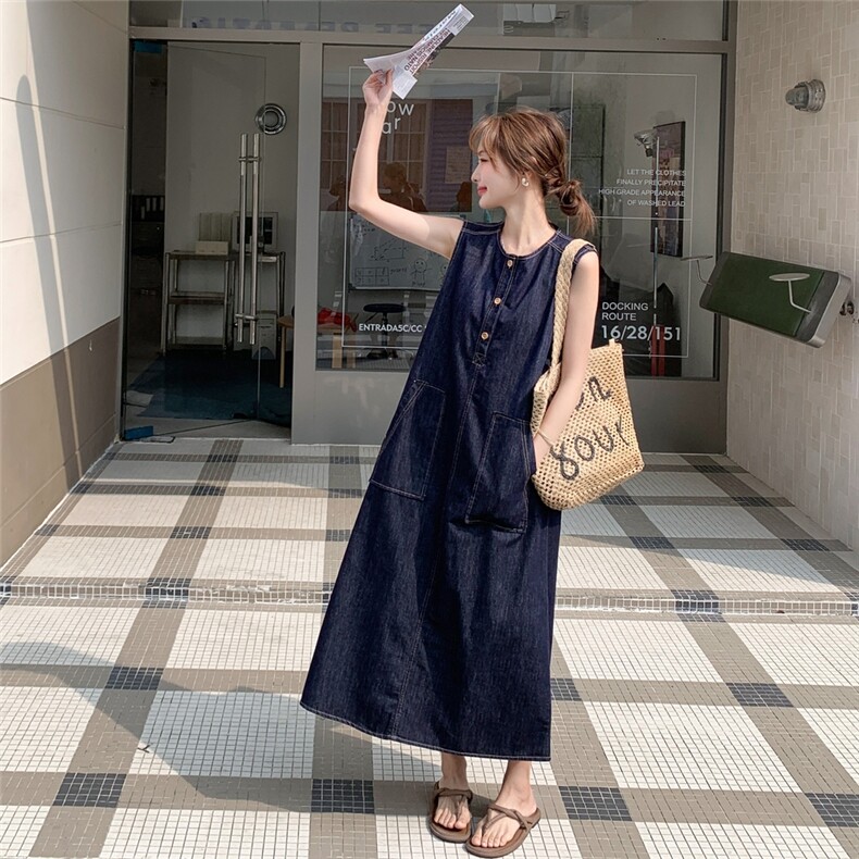 设计感大口袋薄款牛仔背心裙女2025夏季新时尚韩系百搭淡人A字裙图片