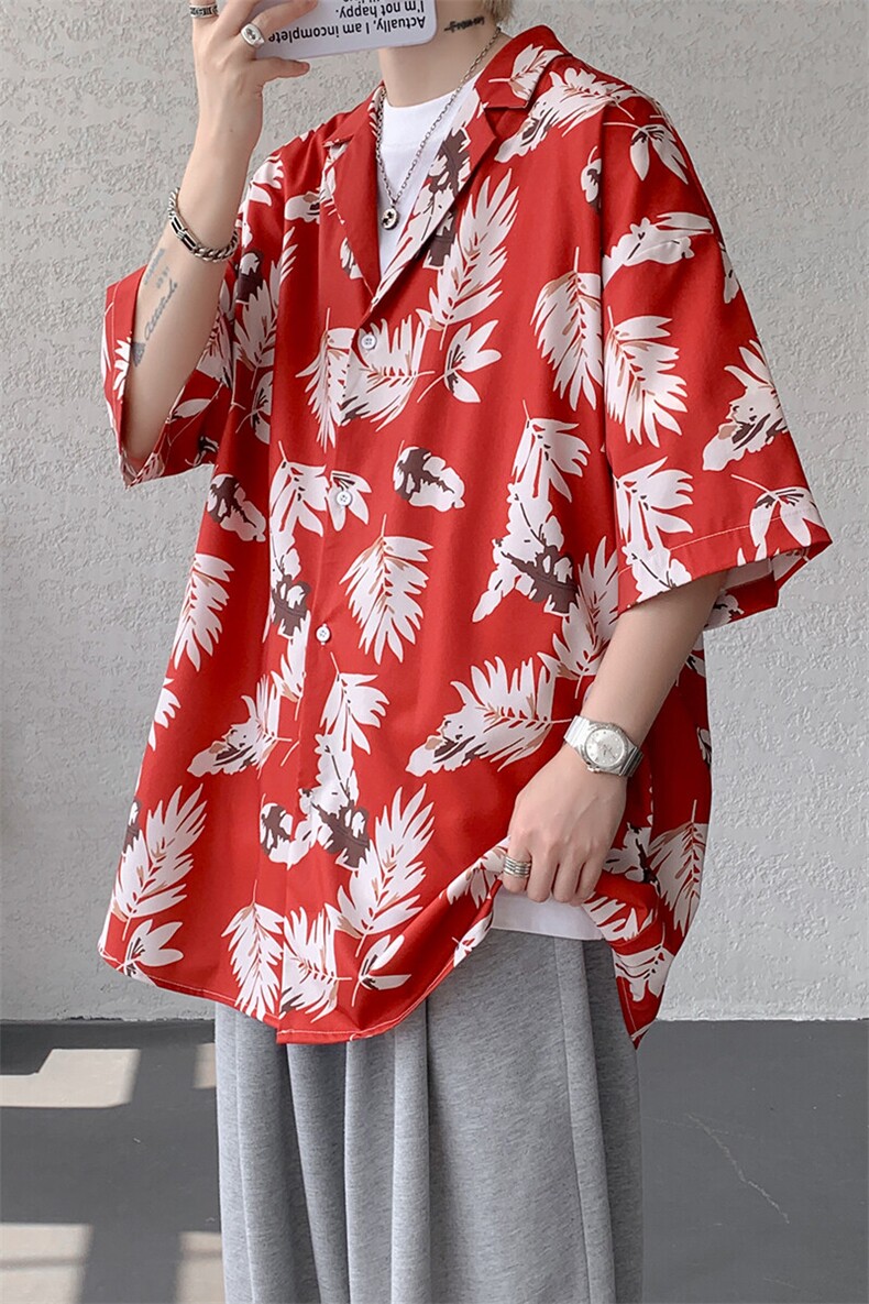 8XL-M冰丝凉感衬衣垂感透气复古花纹宽松男五分袖短袖衬衫CS526,男装T恤,电商D206-1