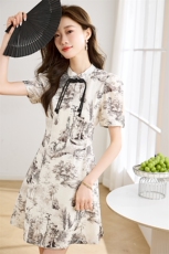 新中式国风印花连衣裙女夏小个子高级感气质温婉洋气年轻改良旗袍，女装连衣裙，微微衣阁
