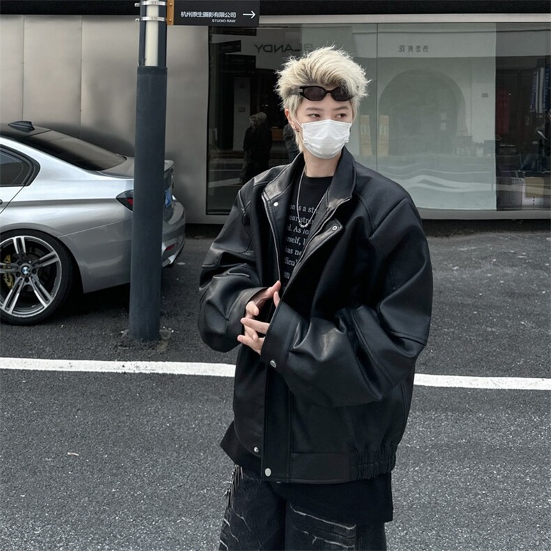 小众垫肩夹克外套男设计感廓形翻领短款pu皮衣HY199P75,男装皮衣,星座1116-2