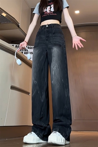 特批P42无差价夏秋衔接抖音品质闪电纹牛仔裤男中性阔腿长裤N9096图片
