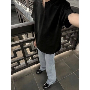 夏季半拉链垫肩短袖T恤男休闲半袖设计感帅气发型师LT3766-p33图片