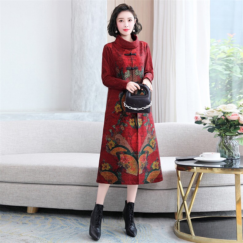 2022秋季女装新款时尚洋气民族风盘扣定位花长款连衣裙,女装连衣裙,魅衣本色