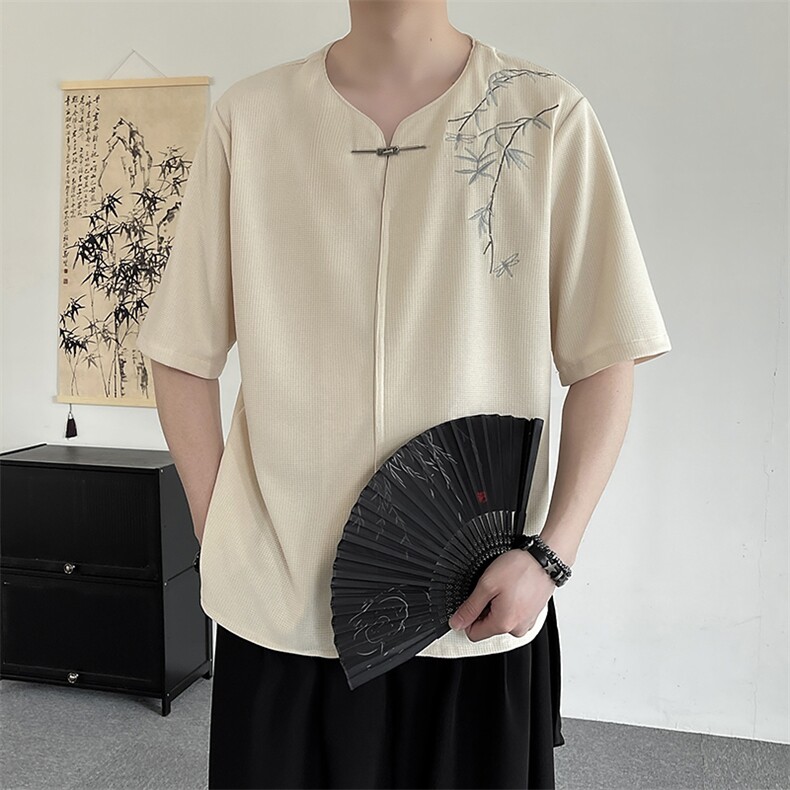新中式金属扣风潮T恤短袖民族服竹子刺绣汉服时尚T2410-P55,男装T恤,电商A227