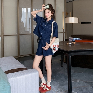盐系复古牛仔衬衫上衣阔腿短裤套装女2025夏季新款甜酷减龄两件套图片