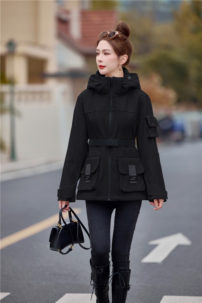 2025冬款新款90绒加厚收腰显瘦连帽派克服大口袋羽绒服外套,女装羽绒服,瑶迪依秀
