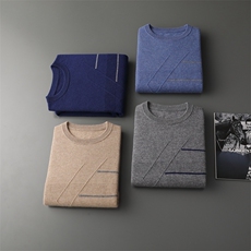 秋冬季新款舒适时尚百搭一线成衣圆领提花35%羊绒衫，男装羊绒套衫，雅之冉羊绒