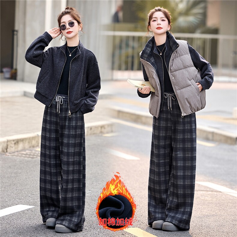格子拼接棉马甲+立领加绒卫衣外套+加绒格纹阔腿裤休闲三件套，女装套装/套裙，采品优优